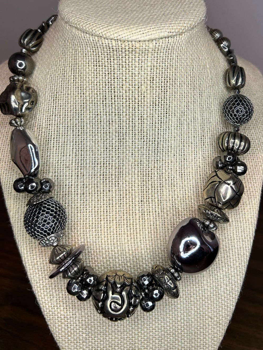 Artisan Style Mixed Bead Bib Necklace Gunmetal Silver Premier Designs Signed